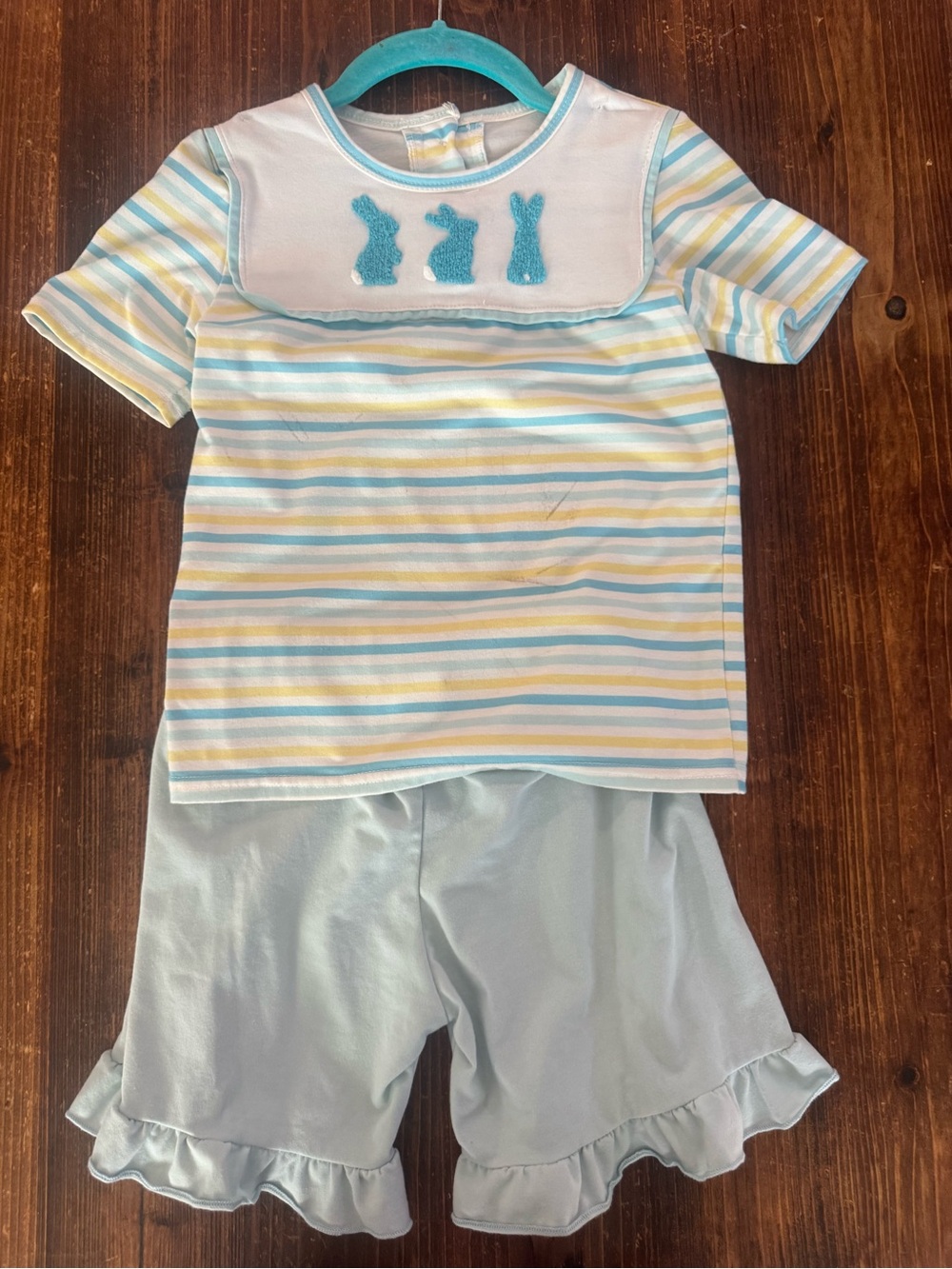 Pastel Blue Stripe Bunny Pajama Set with Ruffle Shorts